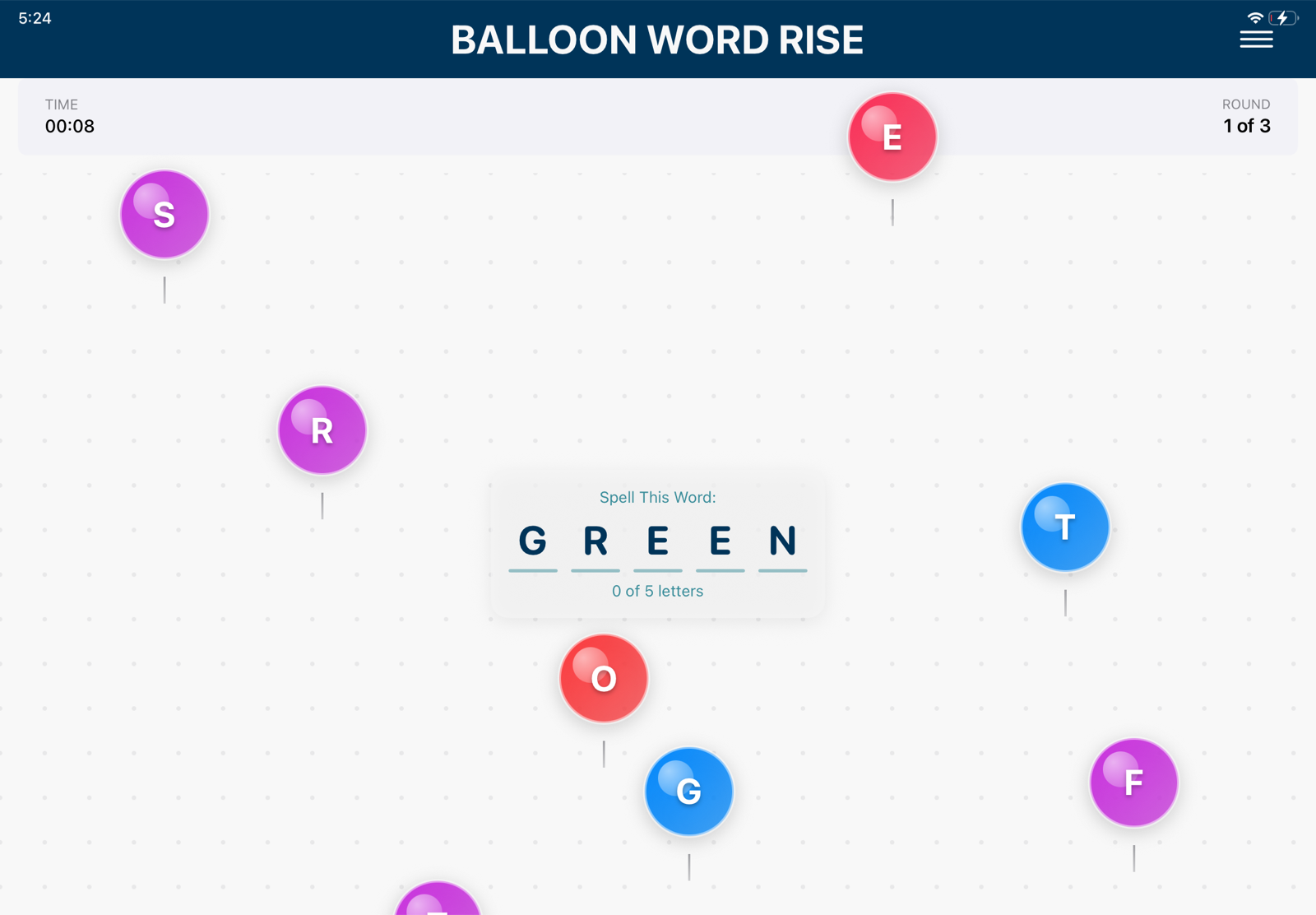 Balloon Word Rise activity — patient spells a target word by tracking and selecting floating letter balloons within a timed round