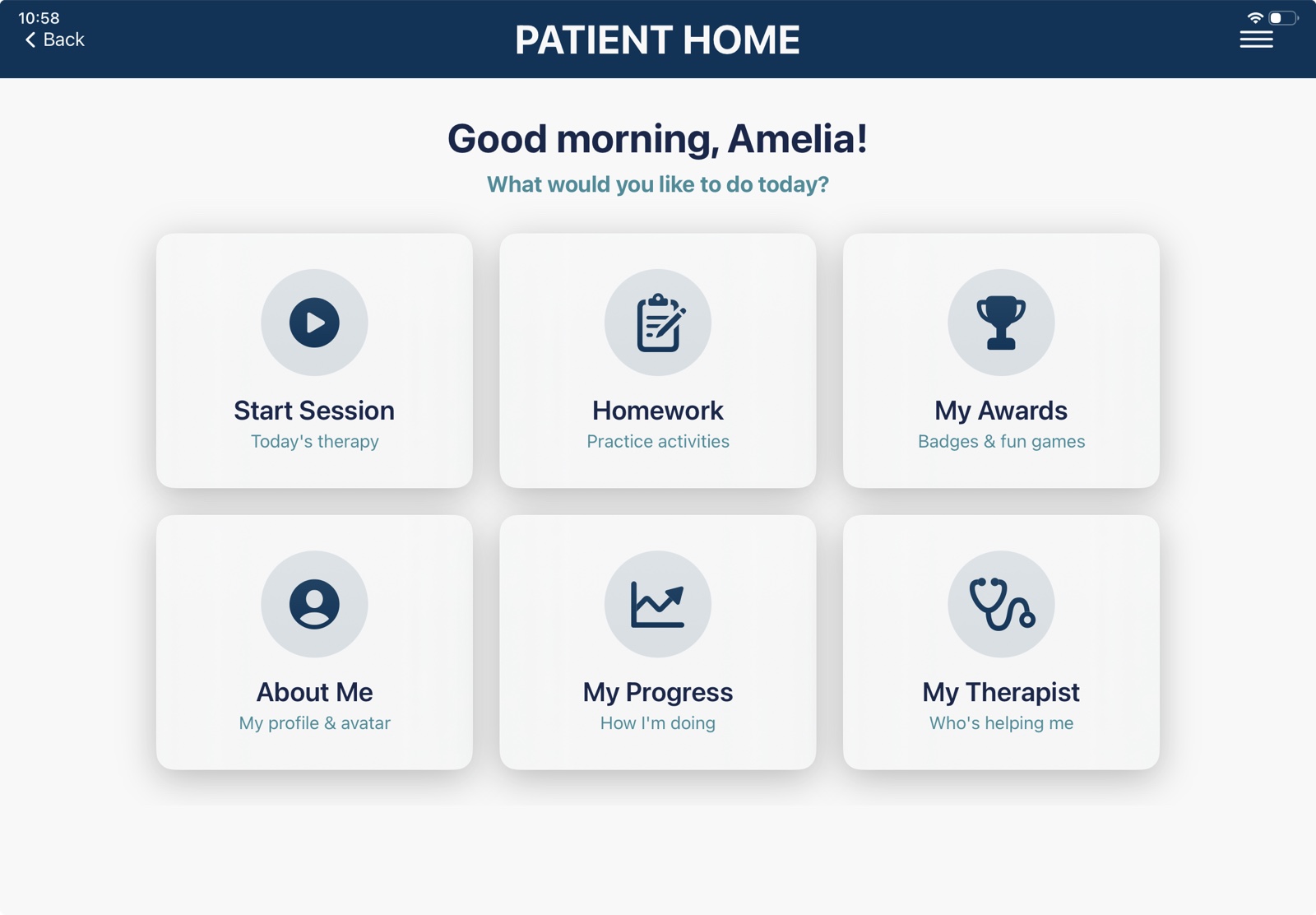 The SuccessfulSight™ patient home screen greeting Amelia, with large tap targets for Start Session, Homework, My Awards, About Me, My Progress, and My Therapist